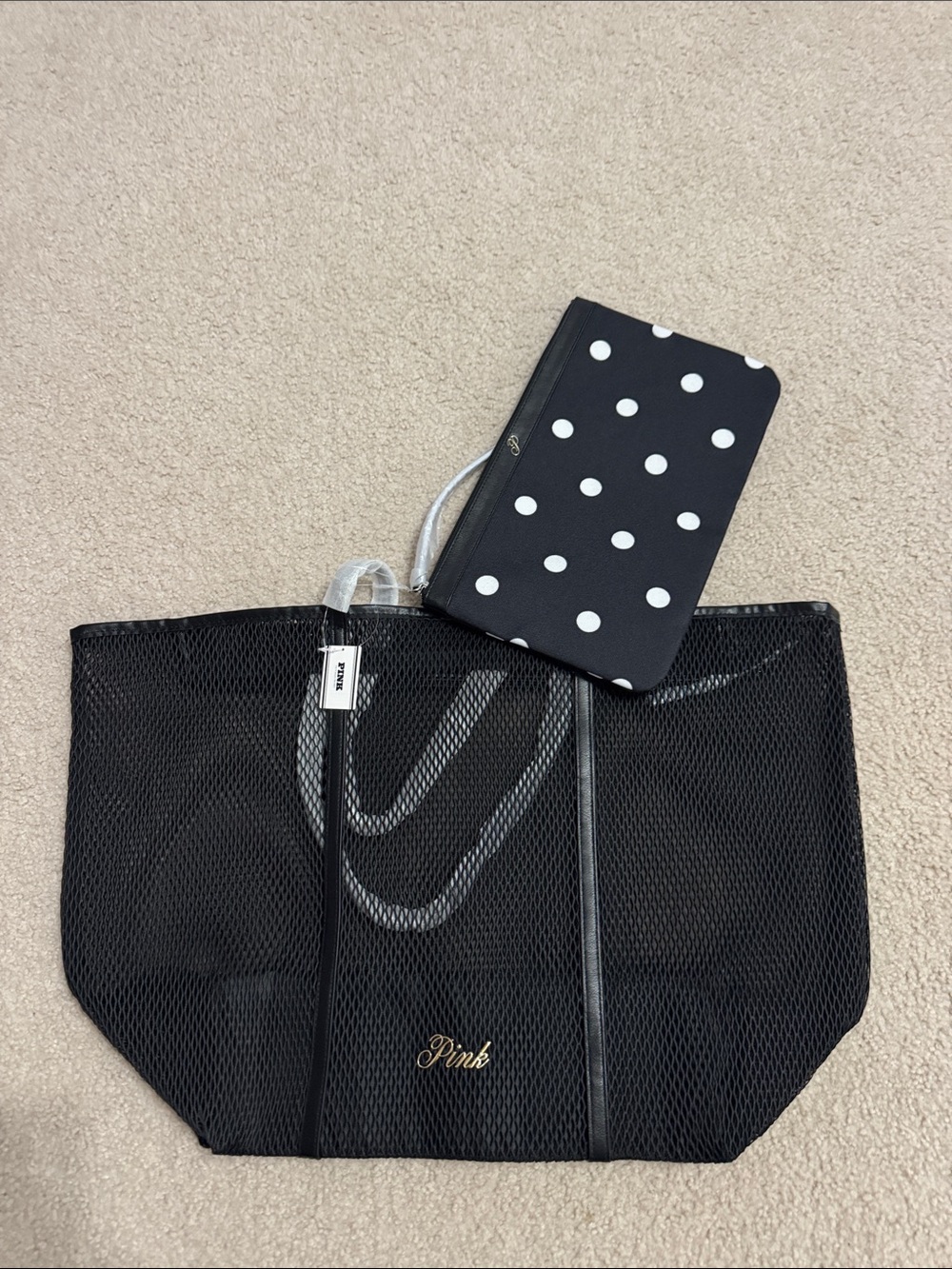 Victoria’s Secret PINK Black Mesh Tote with Polka Dot Notebook